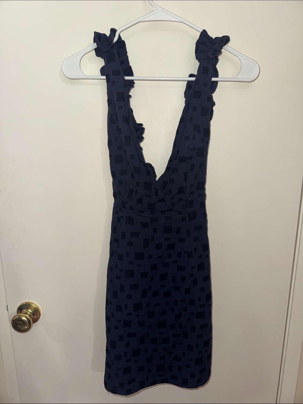 Angel Biba Navy Textured Backless Ruffle Strap Dress